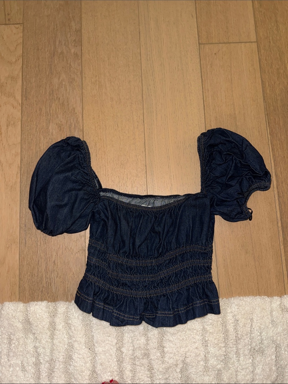 Reformation Dark Blue Denim Puff Sleeve Crop Top